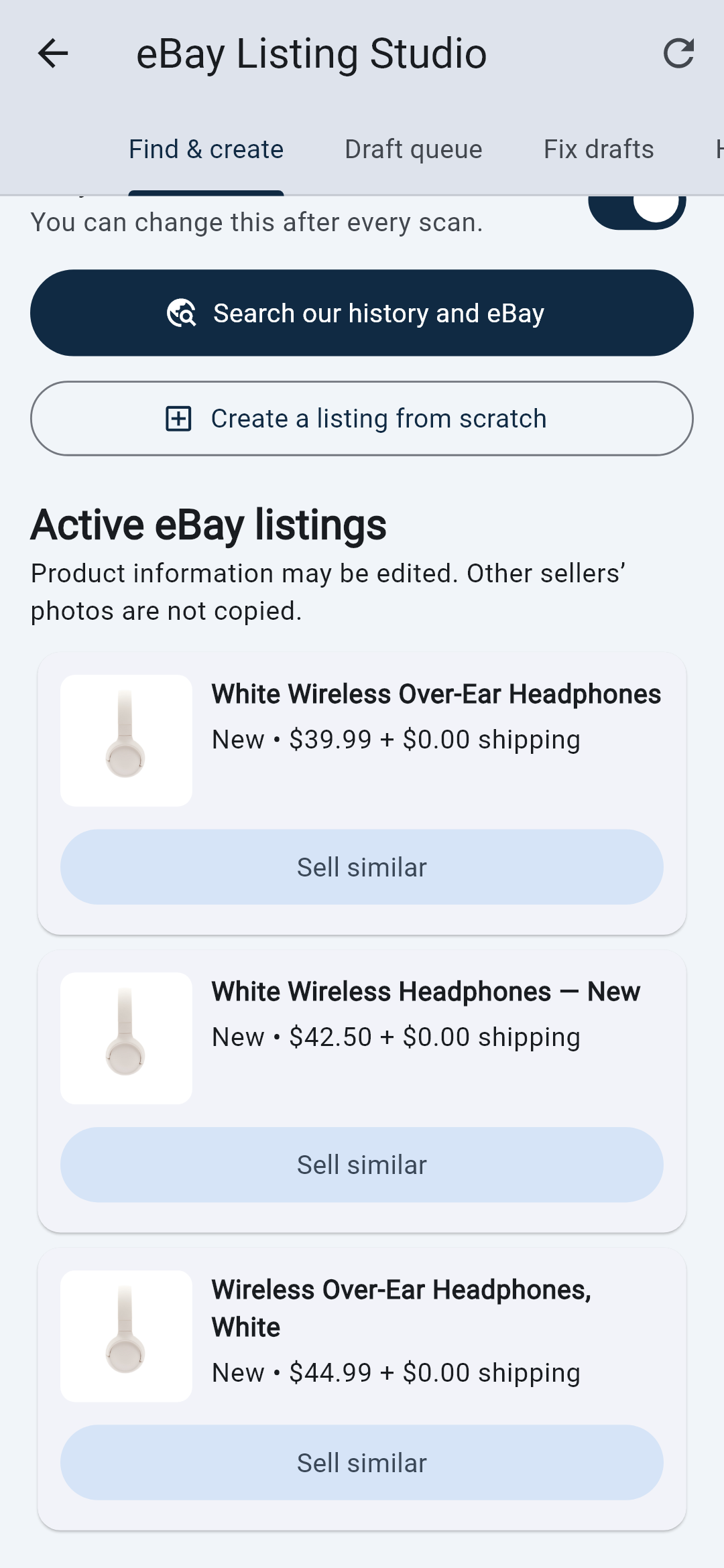 Scanmerce eBay Listing Studio showing demo headphone listings and Sell similar buttons.