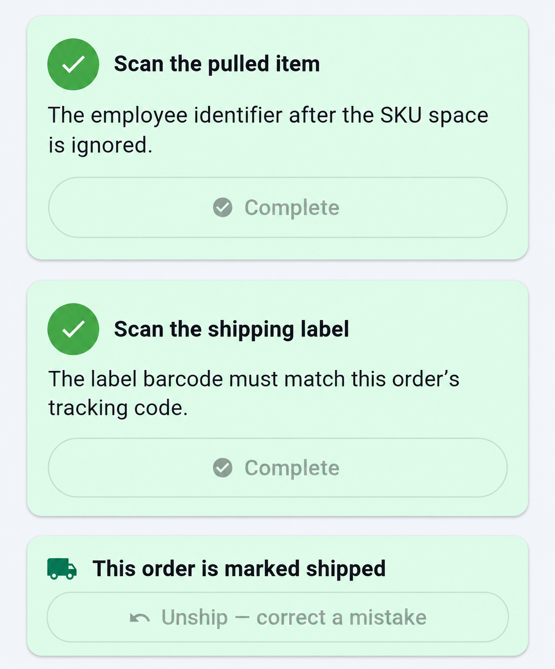 Scanmerce shows completed item and shipping-label checks, with the order marked shipped.